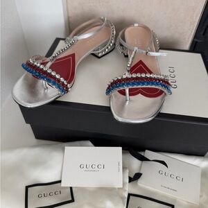Gucci Bertie Metallic Sandals with Swarovski crystals. Authentic. 37.5